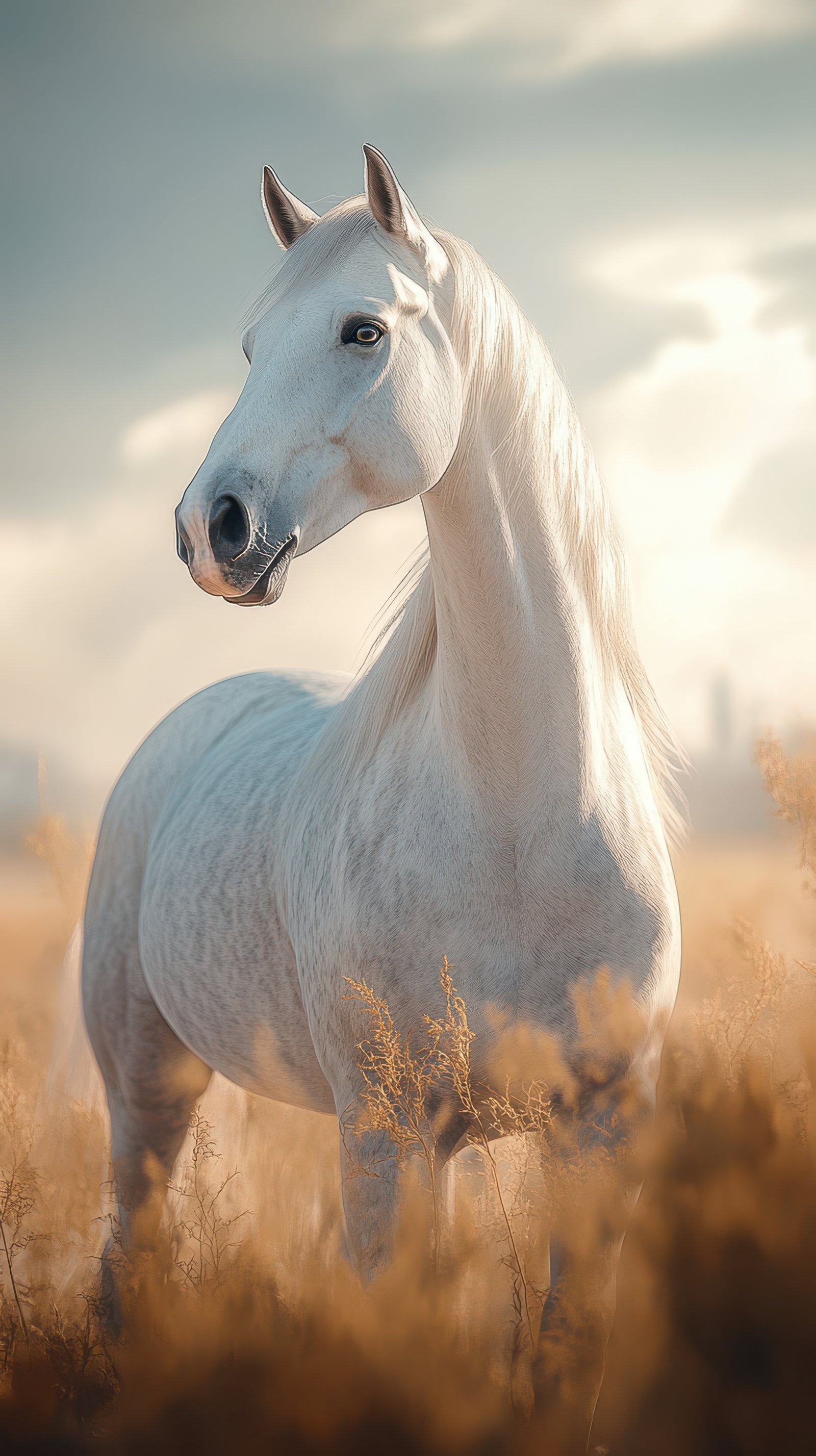 Stunning white horse standing gracefully in a golden field under a soft evening sky